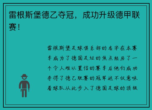 雷根斯堡德乙夺冠，成功升级德甲联赛！