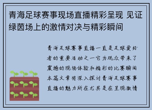 青海足球赛事现场直播精彩呈现 见证绿茵场上的激情对决与精彩瞬间